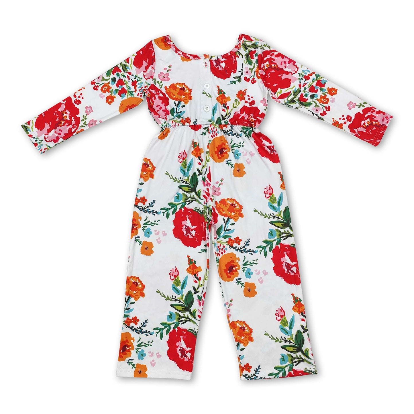 Long sleeves red orange floral kids girls jumpsuit