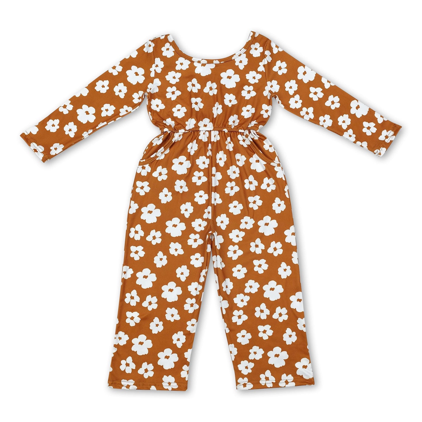 Long sleeves brown flower kids girls jumpsuit