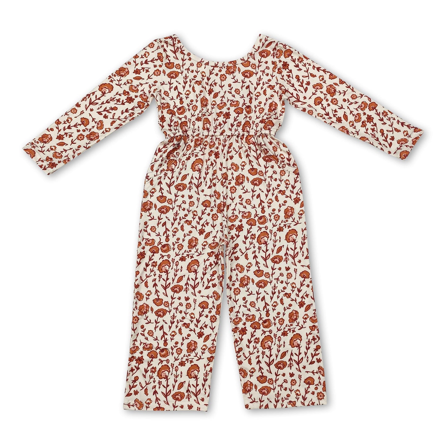 Long sleeves brown beige floral kids girls fall jumpsuit