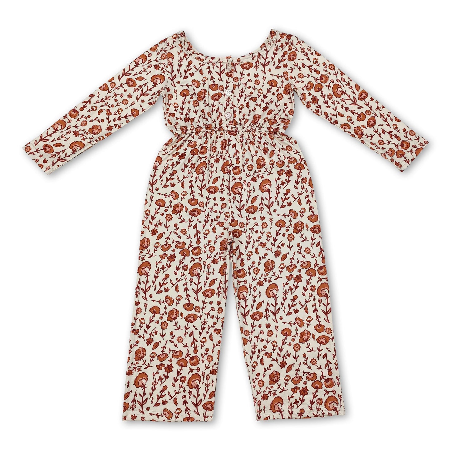 Long sleeves brown beige floral kids girls fall jumpsuit