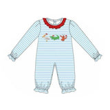Stripe pelican bird alligator crawfish Christmas hat girl romper