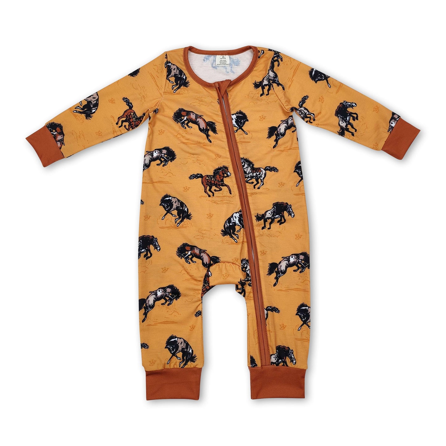 Brown sleeves horse rodeo baby boy western zipper romper