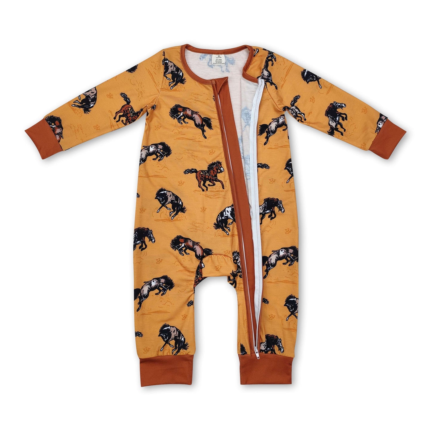 Brown sleeves horse rodeo baby boy western zipper romper