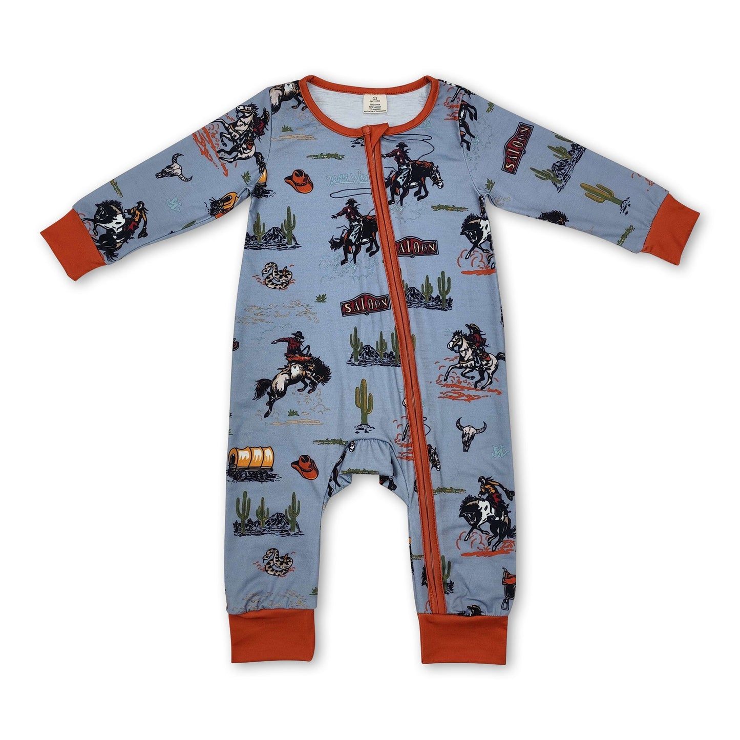 Brown sleeves cactus rodeo baby boy western zipper romper