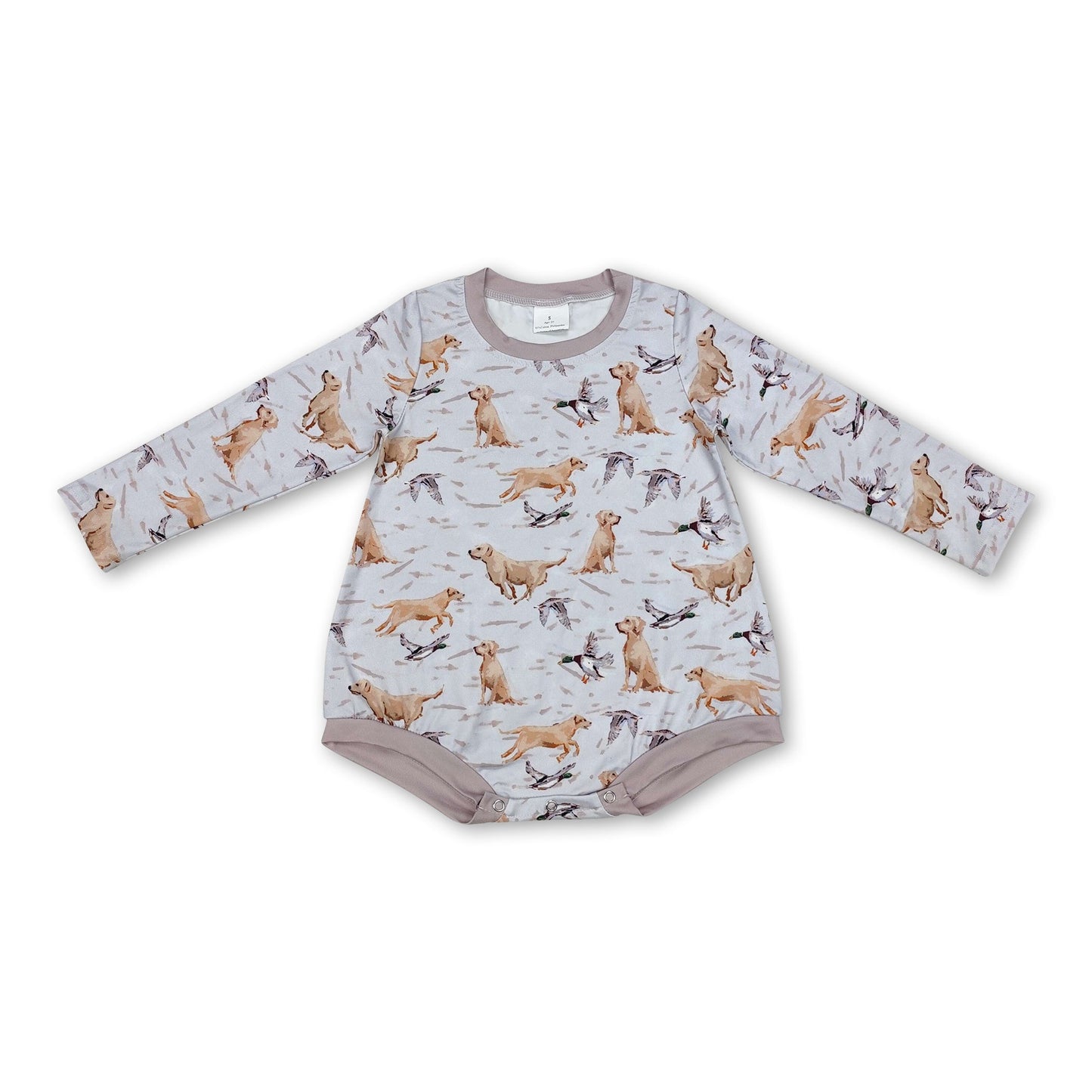 Long sleeves grey dog duck fish baby boy hunting romper