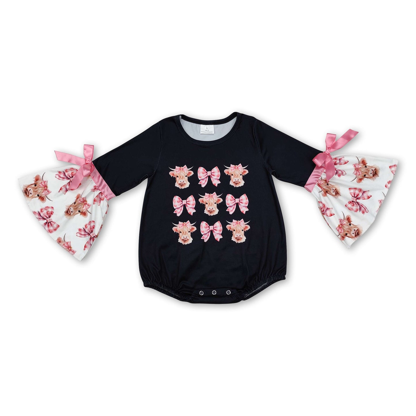 Long sleeves highland cow pink bow baby girls romper