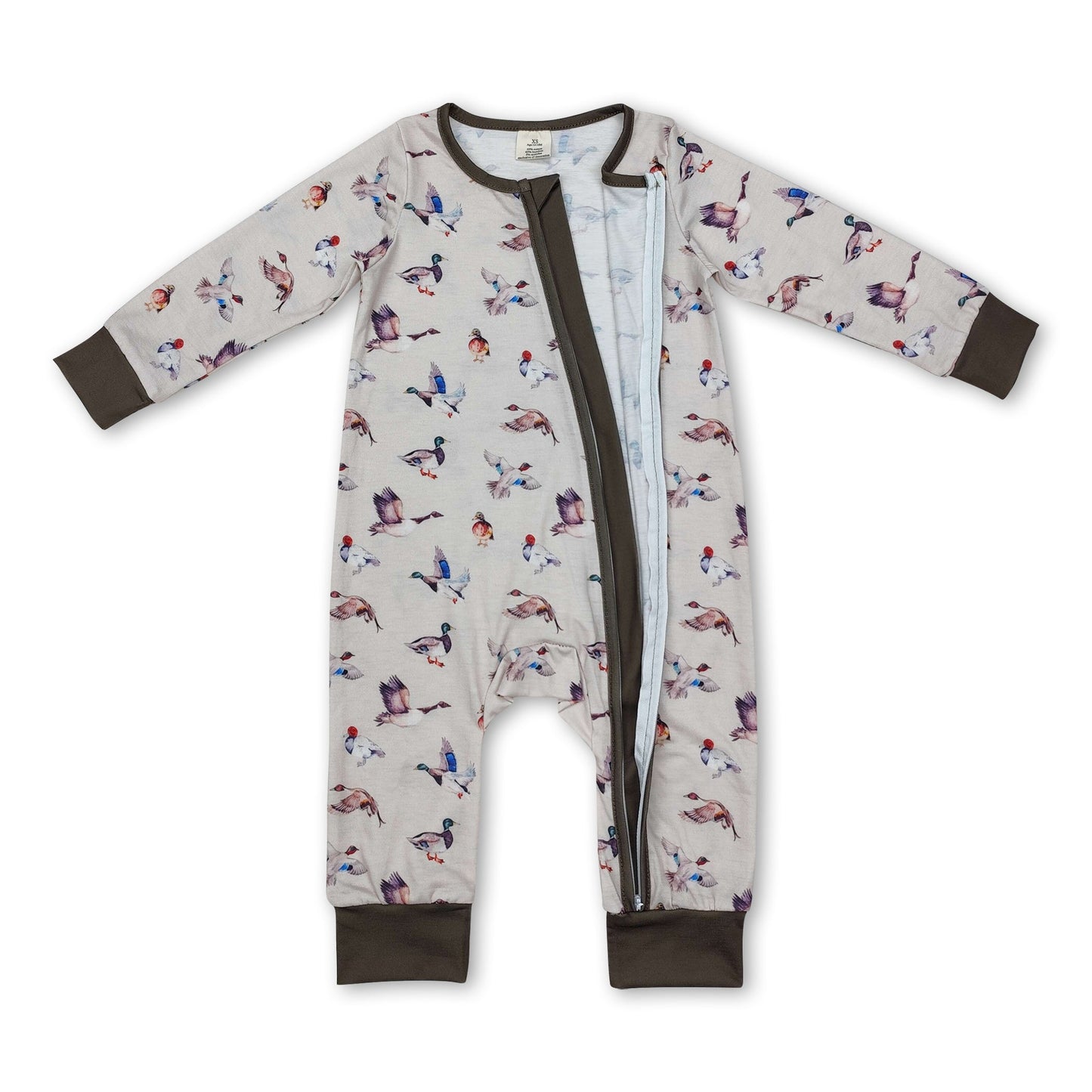 Olive long sleeves duck baby boy zipper romper