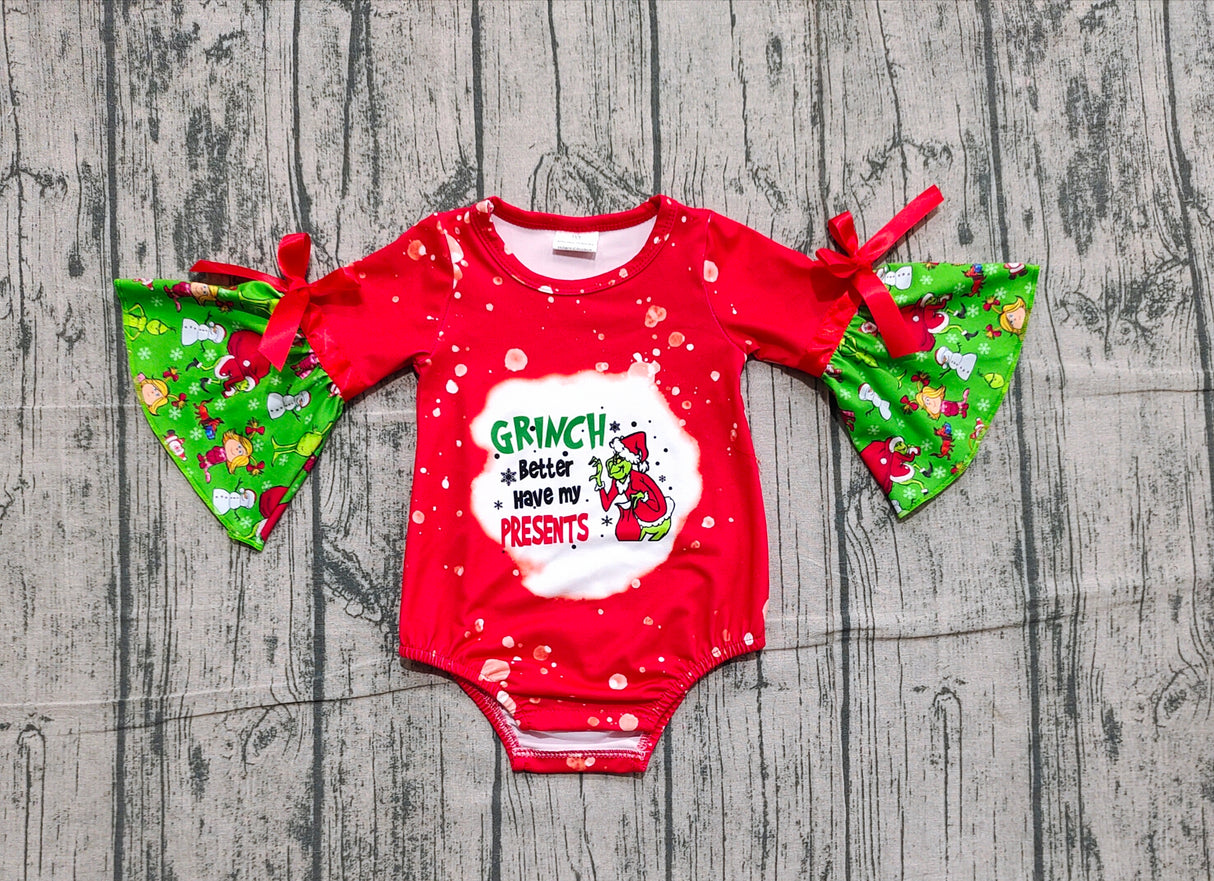 Ruffle long sleeves green face presents baby Christmas romper