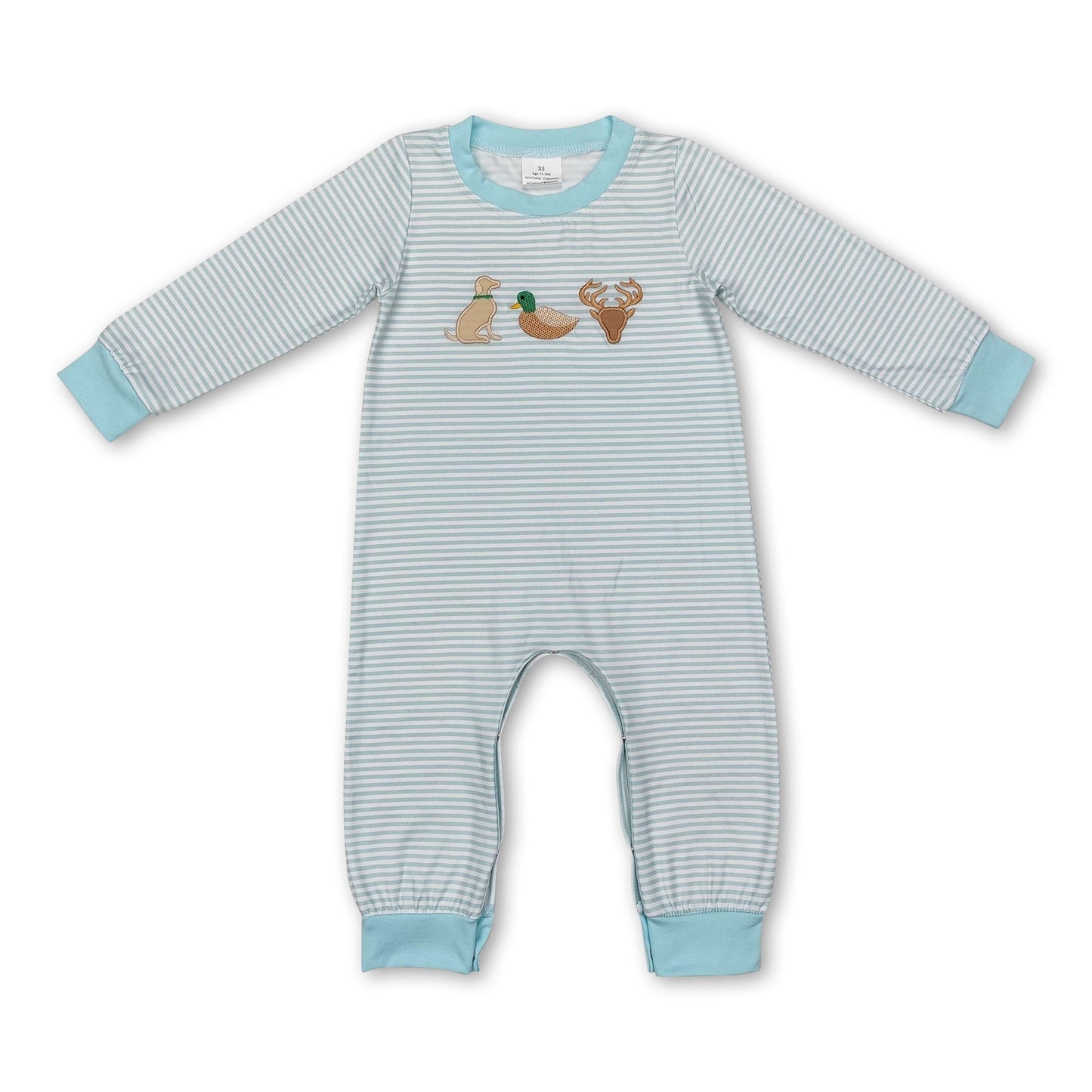 Light blue stripe dog duck deer baby boy romper