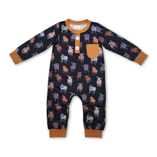 Long sleeves pocket cows baby boy western romper