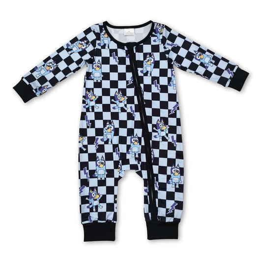 Plaid blue dog long sleeves zipper baby kids romper