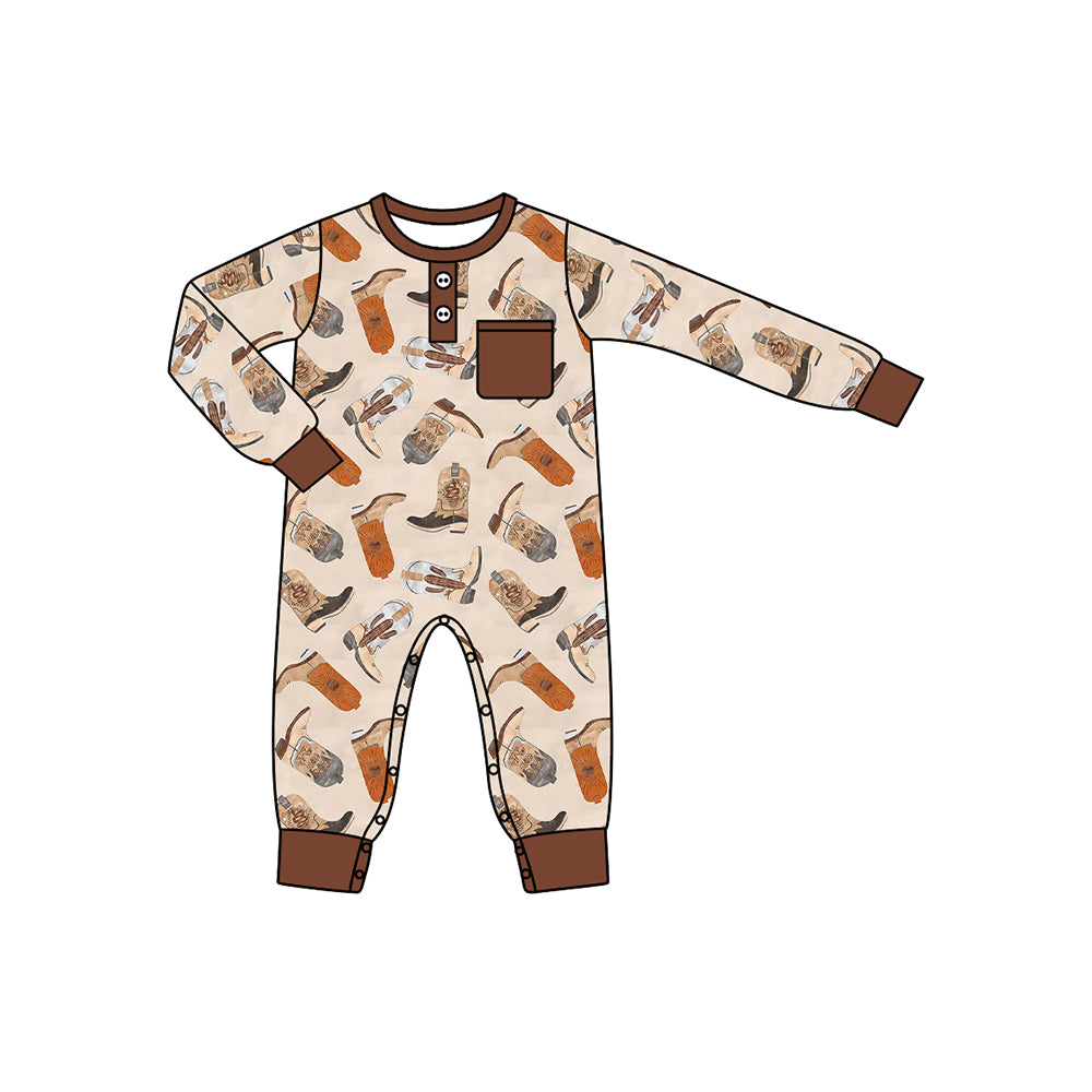 Long sleeves brown pocket boots western boy romper