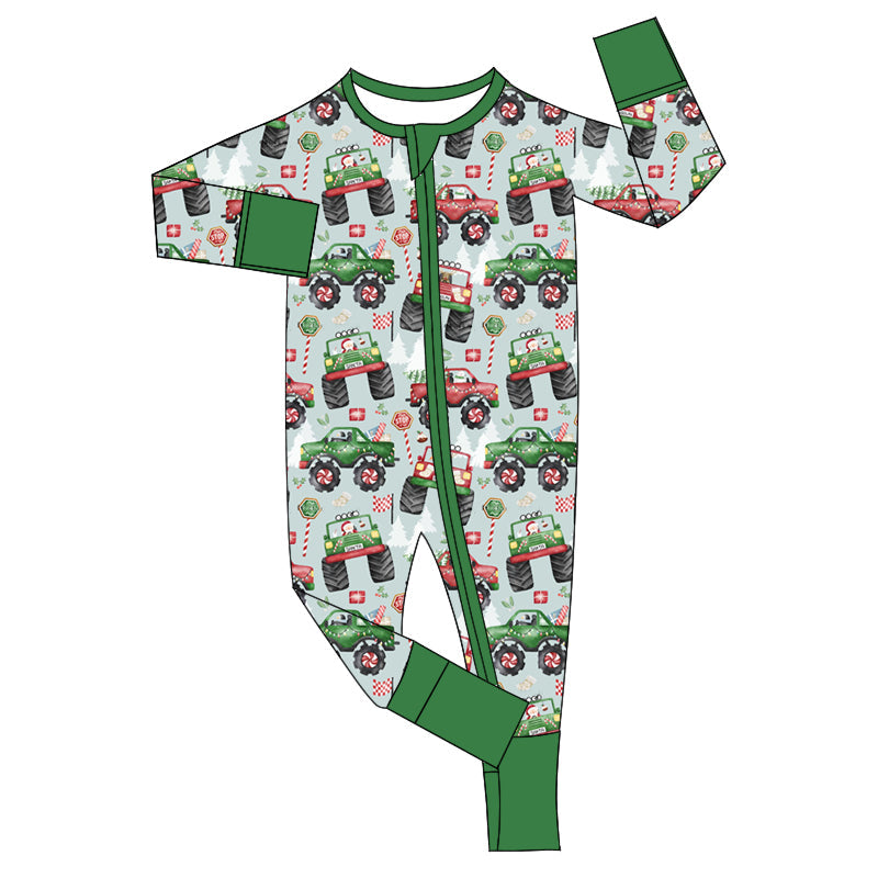 Green red truck Christmas tree baby boy zipper romper
