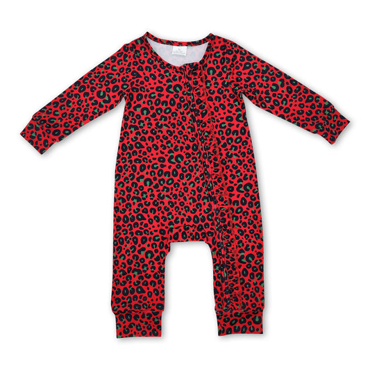 Green red leopard baby girls Christmas zipper romper