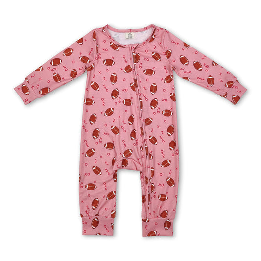 Pink long sleeves football baby girls zipper romper