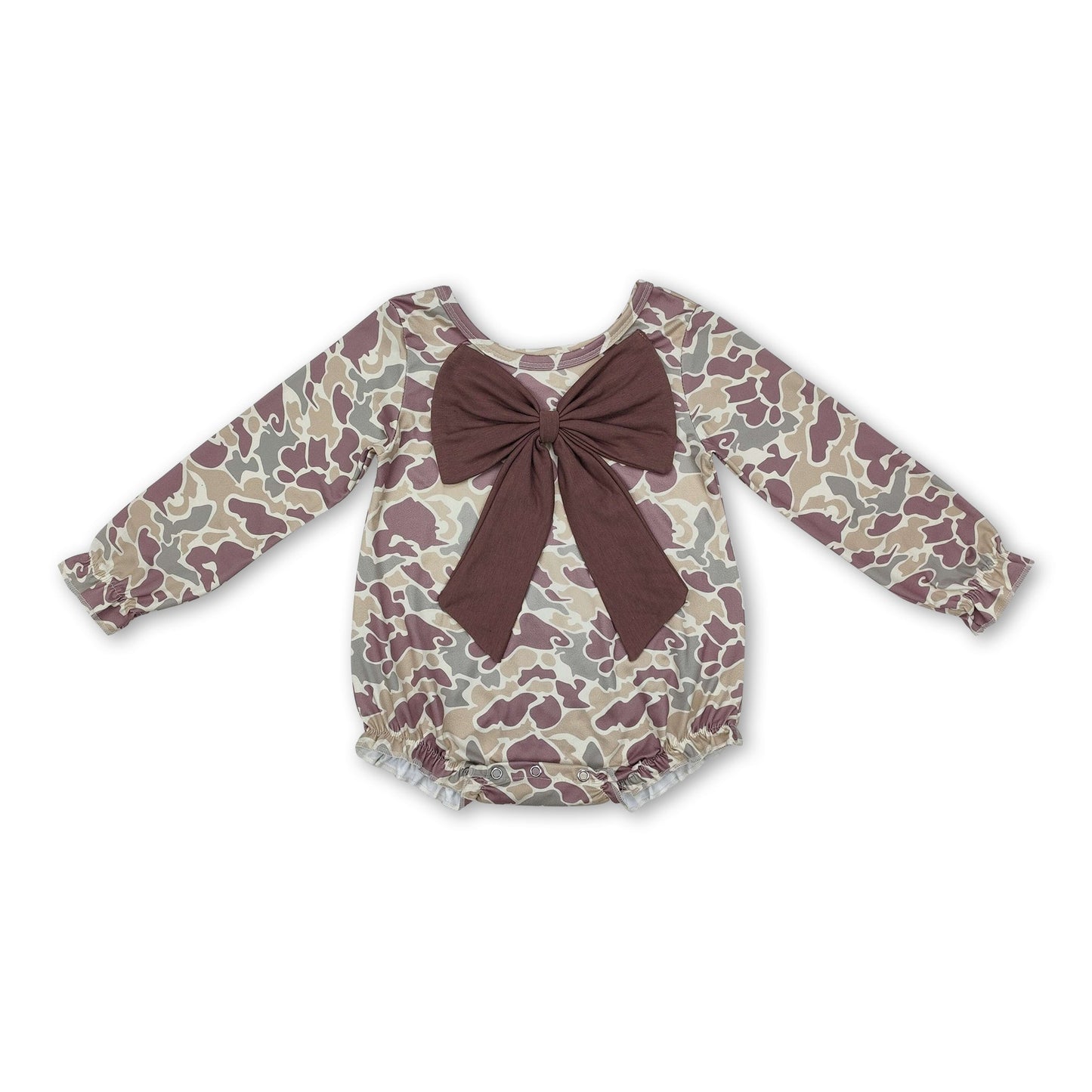 Long sleeves brown bow camo baby girls romper