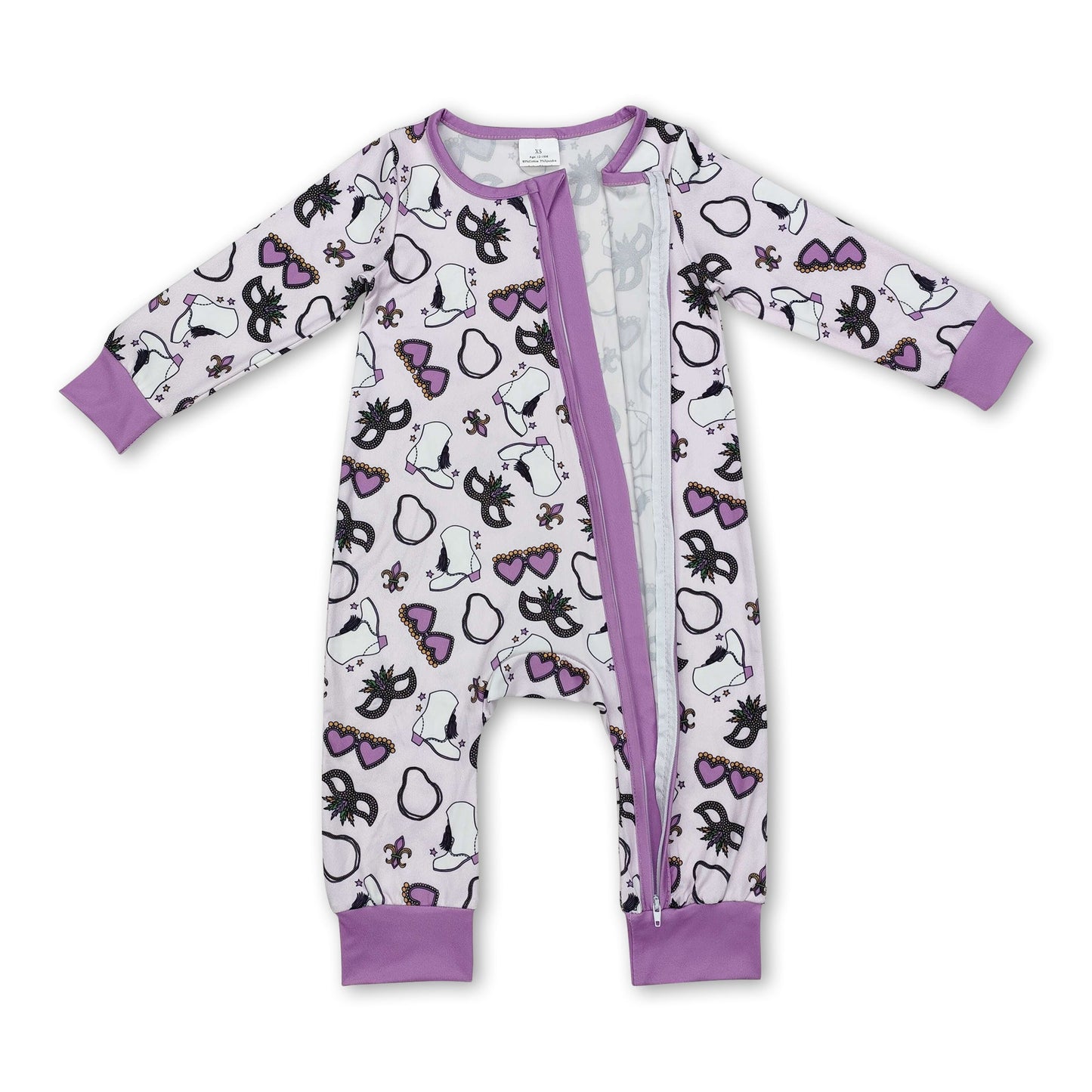 Purple glasses baby girls Mardi Gras zipper romper