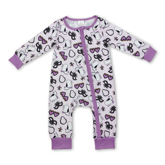 Purple glasses baby girls Mardi Gras zipper romper