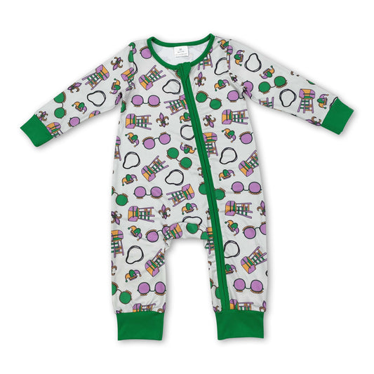 Green glasses baby boys Mardi Gras zipper romper