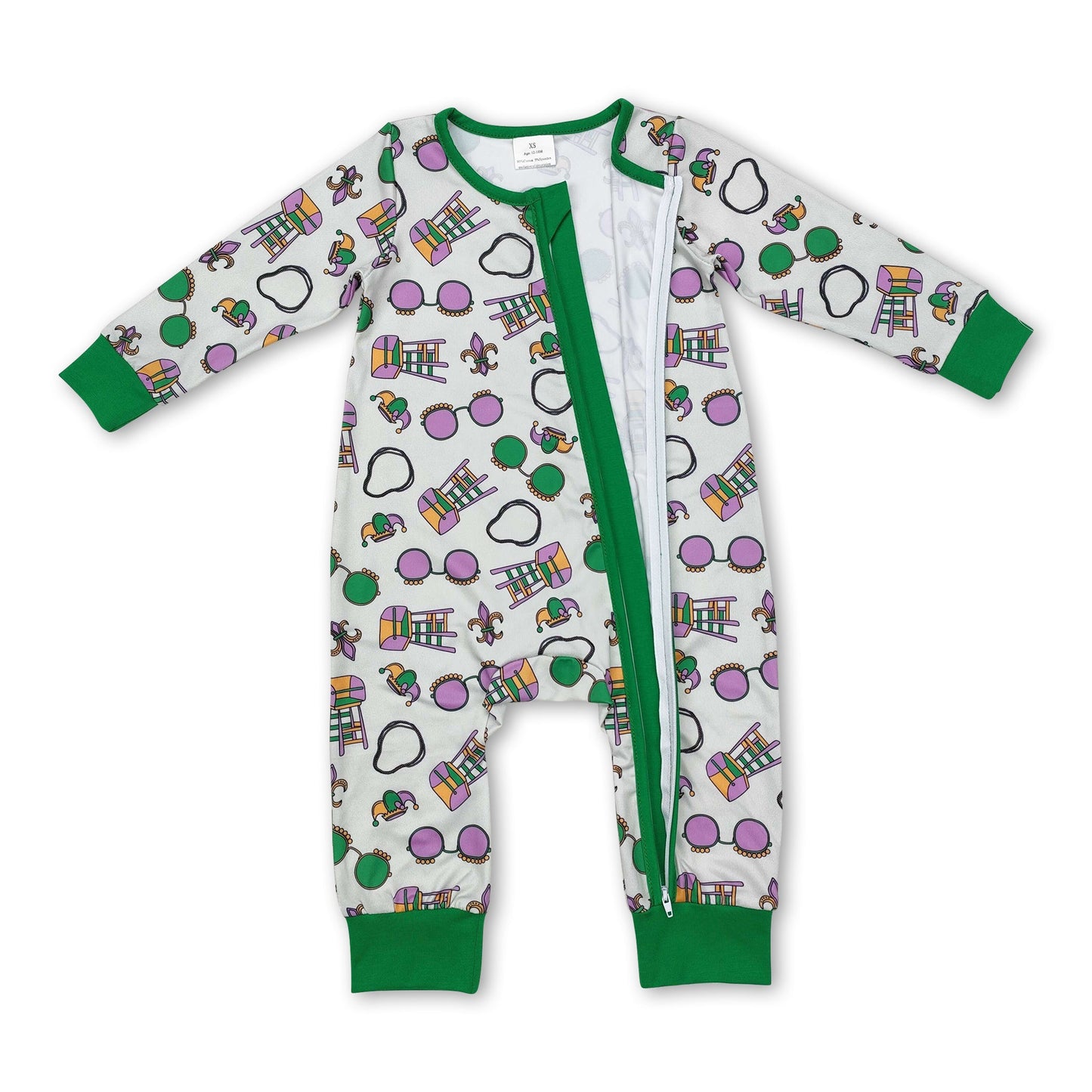 Green glasses baby boys Mardi Gras zipper romper