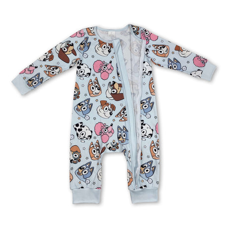 Long sleeves light blue dog baby kids zipper romper