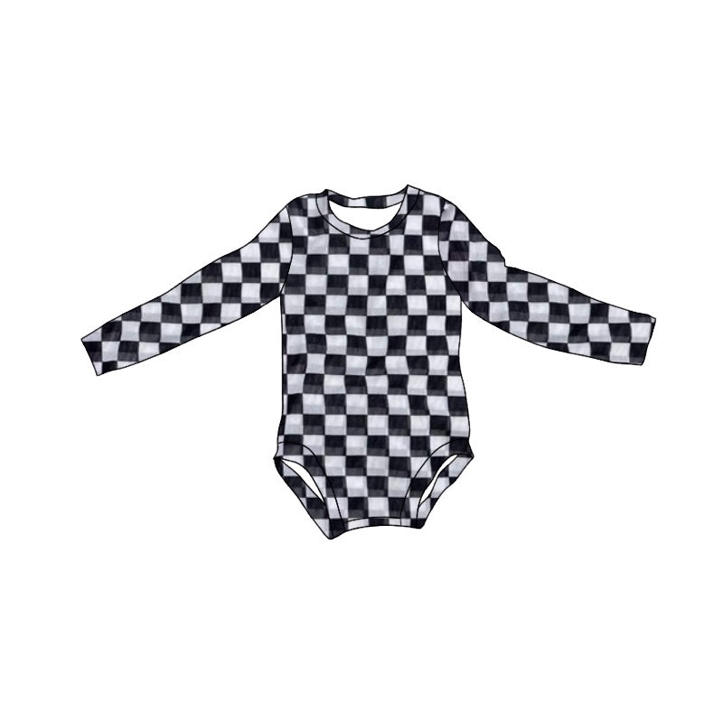 Long sleeves black white plaid baby girls romper