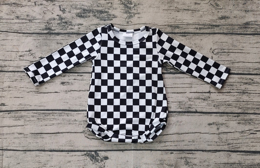 Long sleeves black white plaid baby girls romper