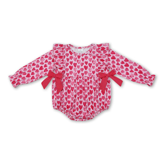 Long sleeves pink heart bow baby girls valentine's romper