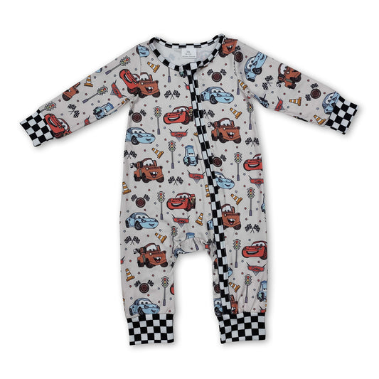 Plaid long sleeves cars baby kids zipper romper