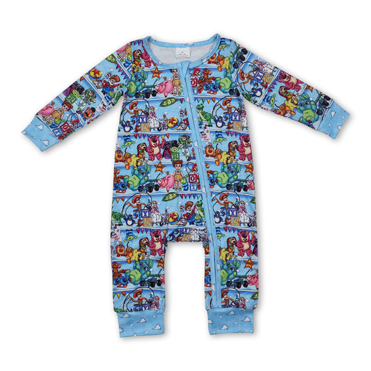 Light blue long sleeves pig bear toy baby zipper romper