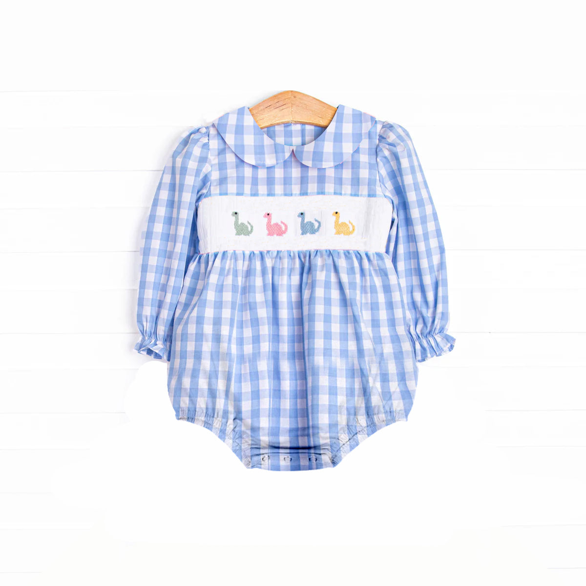 Blue plaid long sleeves dinosaur baby girls romper