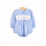 Blue plaid long sleeves dinosaur baby girls romper