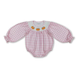 Pink plaid long sleeves pumpkin baby girls fall romper