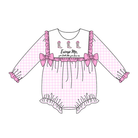 Long sleeves pink plaid boots baby girls romper