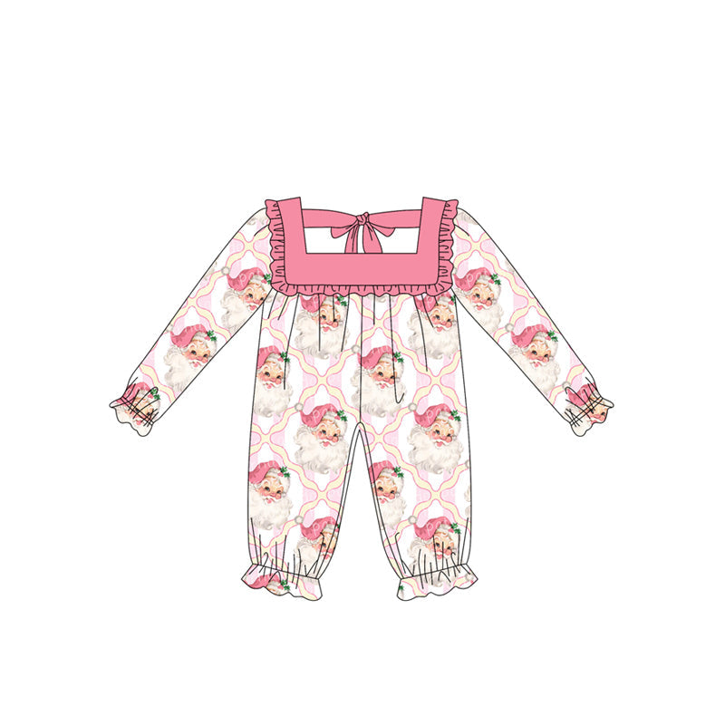 Long sleeves pink santa stripe baby girls Christmas romper