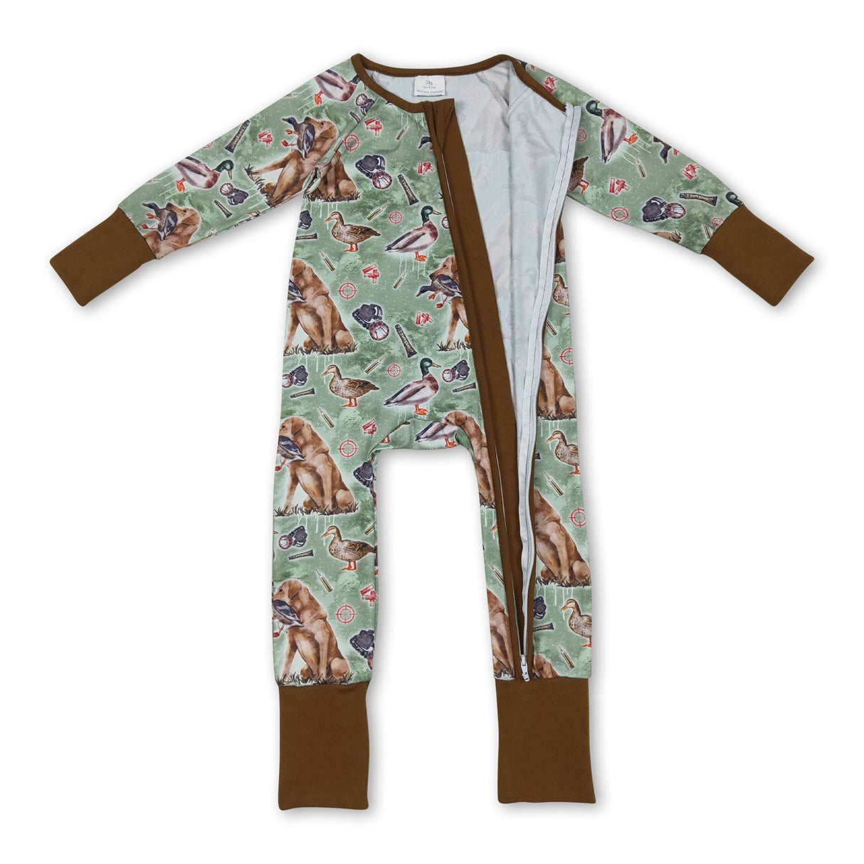 Brown long sleeves dog duck baby boy zipper romper