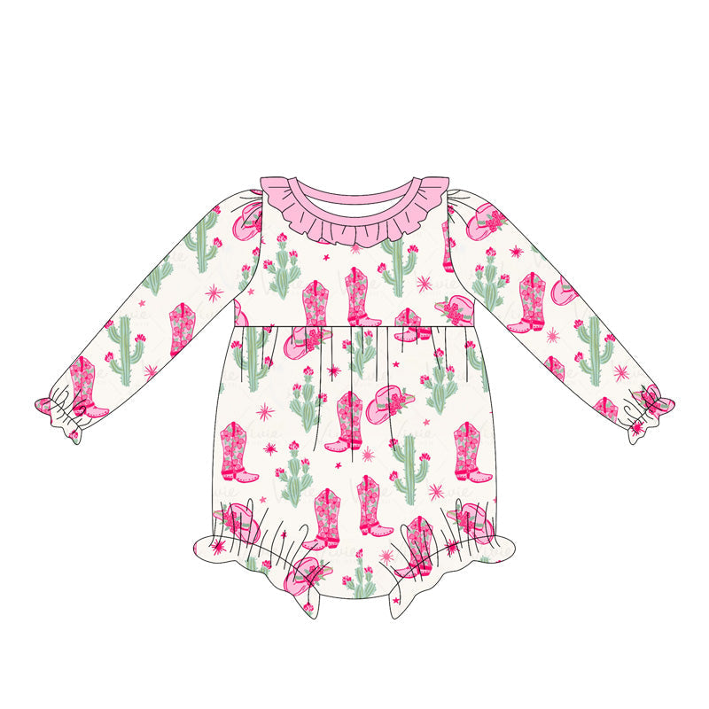 Pink ruffle cactus boots hat western baby girl romper
