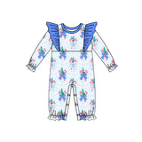 Long sleeves blue bow candy cane girls Christmas romper