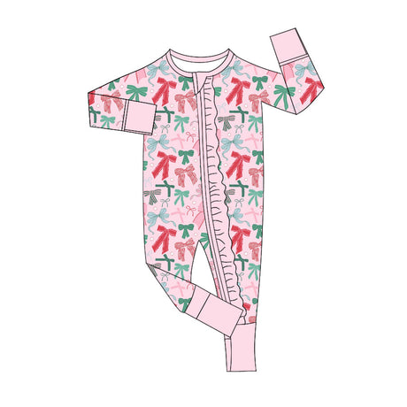 Pink long sleeves bows baby girls Christmas zip romper