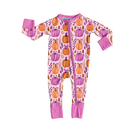 Long sleeves pumpkin bow baby girl zipper romper