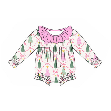 Long sleeves pink bow Christmas tree baby girl zipper romper