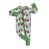Green red car santa baby boy Christmas zipper romper