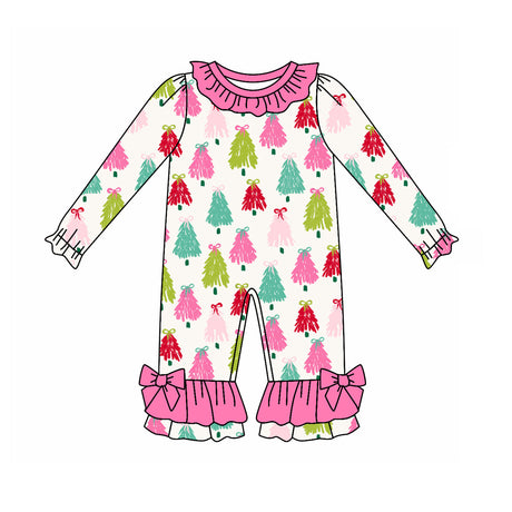 Pink ruffle long sleeves colorful Christmas tree girls romper