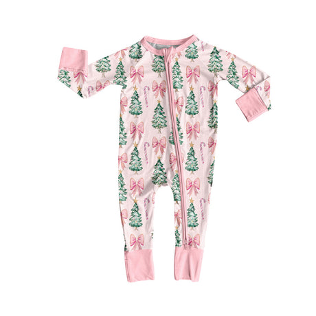 Pink bow candy cane Christmas tree girls zipper romper