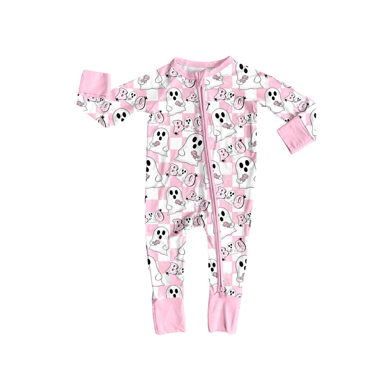 Pink plaid ghost boo baby girls zipper Halloween romper