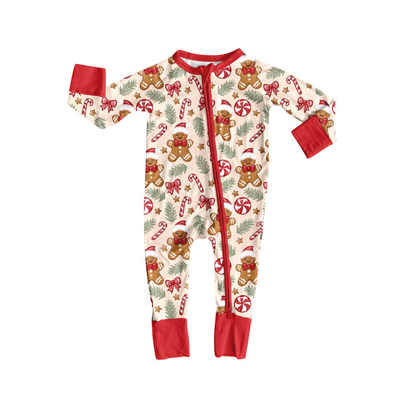 Long sleeves gingerbread candy cane baby Christmas zip romper