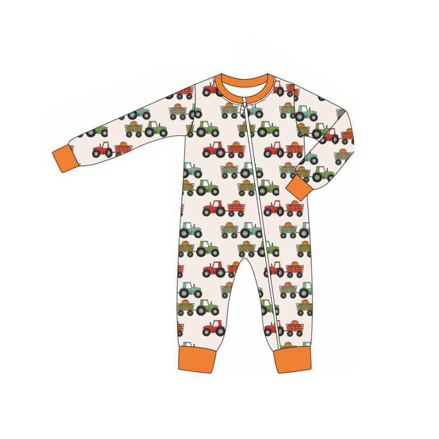 Orange long sleeves pumpkin truck boys fall zipper romper