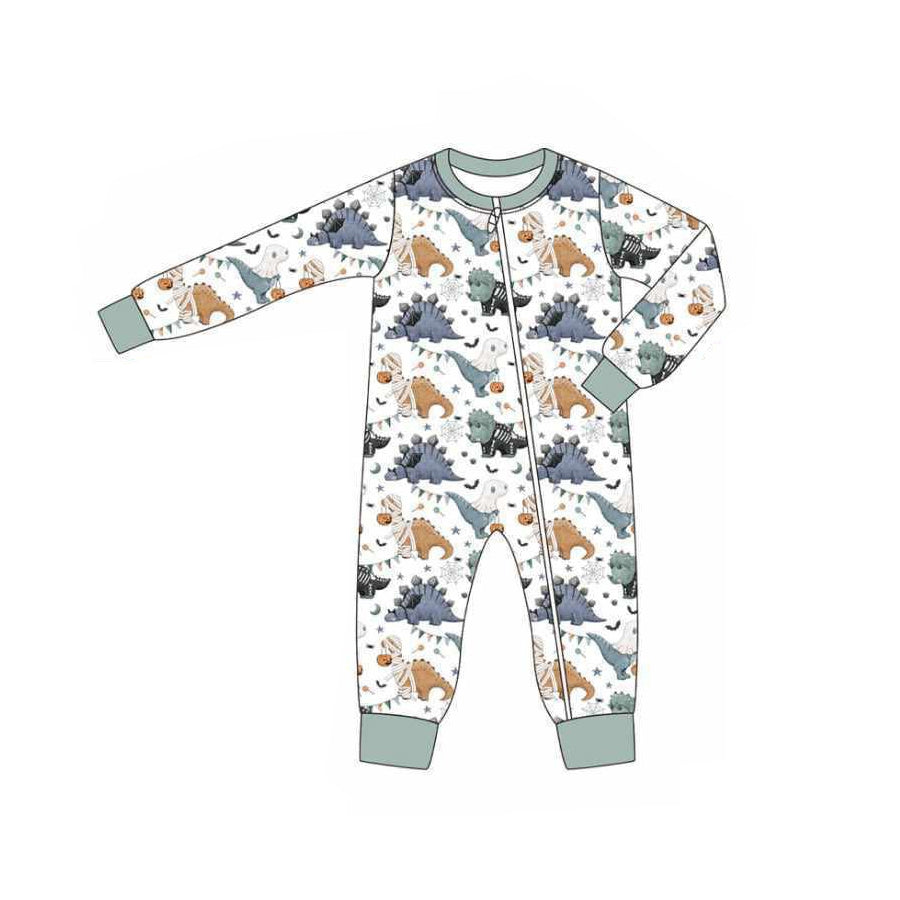 Long sleeves dinosaur pumpkin baby boy Halloween zip romper