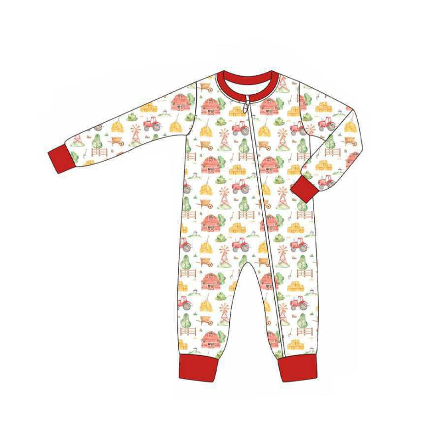 Red long sleeves tractor baby kids farm zipper romper