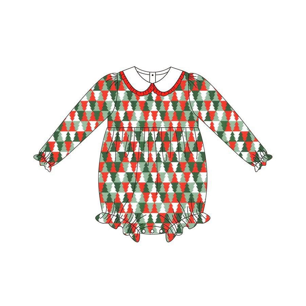 Long sleeves red green Christmas tree baby girls romper
